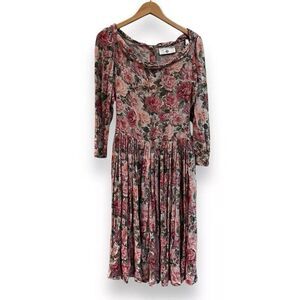 Eileen West Dress Size 8 Multi Floral Midi Button Back Prairiecore Pockets Vtg